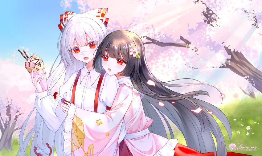 2girls absurdres arm_strap black_hair blue_sky blunt_bangs bow cherry_blossoms collared_shirt commentary_request falling_petals fang flower food frilled_sleeves frills fruit fujiwara_no_mokou hair_flower hair_ornament highres holding holding_food houraisan_kaguya hug hug_from_behind kongmaosama long_hair long_sleeves multiple_girls open_mouth outdoors petals pink_shirt red_bow red_eyes shirt skin_fang sky strawberry suspenders sweatdrop touhou tree two-tone_bow upper_body very_long_hair white_bow white_shirt wide_sleeves yuri