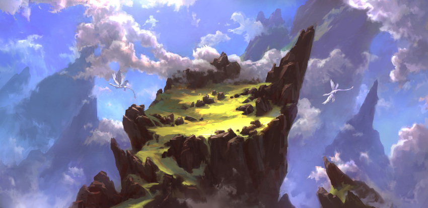 above_clouds absurdres blue_sky cloud commentary davidfrasheski day dragon english_commentary fantasy flying from_above highres multiple_wings no_humans original outdoors rock scenery sky wings