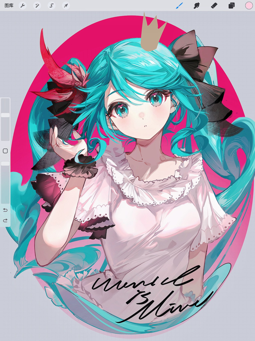 1girl aqua_eyes aqua_hair art_program_in_frame black_ribbon blush cropped_torso expressionless frilled_shirt frills hair_between_eyes hair_ribbon hatsune_miku highres long_hair looking_at_viewer parted_lips ribbon rumoon shirt short_sleeves simple_background solo twintails upper_body very_long_hair vocaloid white_shirt