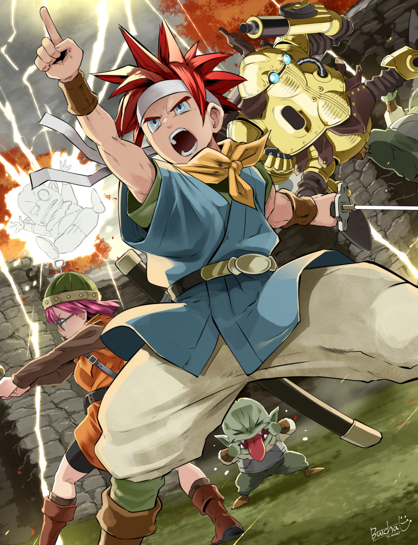 1girl 5boys armor bandana bandana_around_neck black_shorts blue_eyes blue_tunic boots brown_footwear brown_tunic butcha-u chrono_trigger commentary_request crono_(chrono_trigger) electricity electrocution firing glasses gold_armor green_shirt grey_pants helmet highres holding holding_sword holding_weapon humanoid_robot imp_(chrono_trigger) kicking lucca_ashtear medium_hair multiple_boys open_mouth pants pink_hair red_hair robo_(chrono_trigger) robot shirt short_hair shorts signature spiked_hair sword weapon yellow_bandana