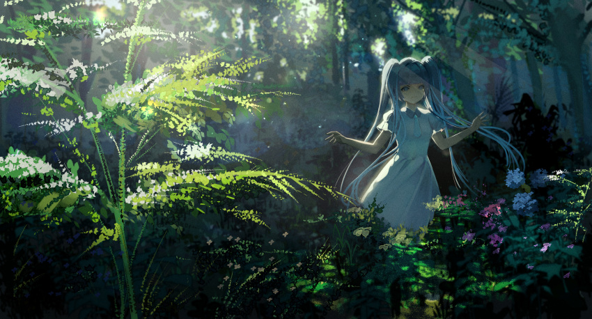 1girl aqua_eyes aqua_hair arua bare_arms blue_flower bush collared_dress dress flower forest hair_between_eyes hatsune_miku highres light_rays light_smile long_hair looking_at_viewer nature necktie outdoors pink_flower plant purple_flower scenery short_sleeves solo standing sunbeam sunlight twintails vocaloid white_dress white_flower