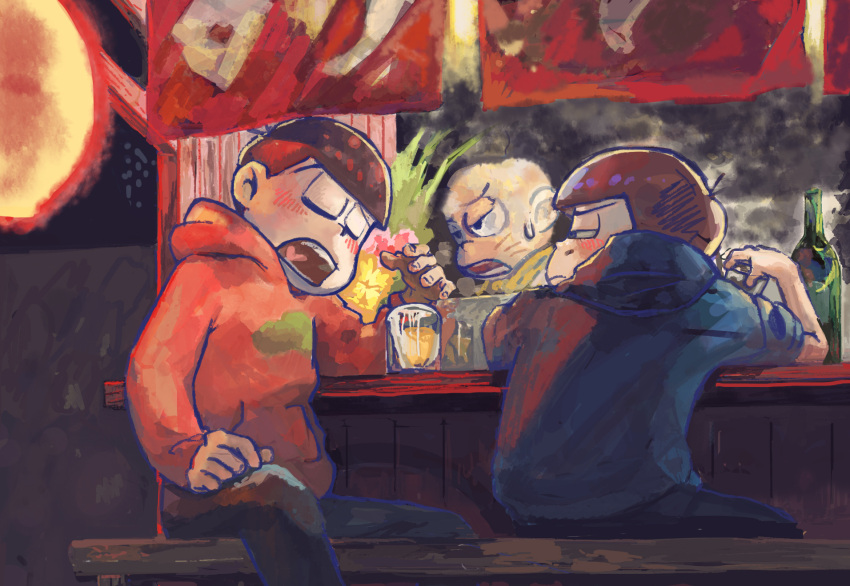 3boys bald beer_mug blue_hoodie blush brothers chibita cup drunk food_stand highres hood hoodie lantern looking_at_another male_focus matsuno_karamatsu matsuno_osomatsu mug multiple_boys nanatatami night noren osomatsu-san paper_lantern red_hoodie siblings sweatdrop yatai