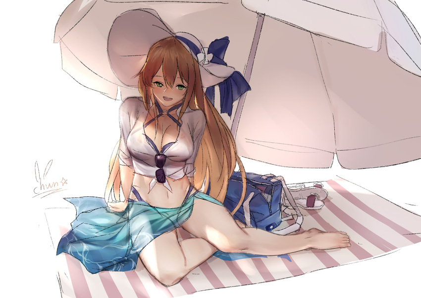 1girl aqua_sarong artist_name bag barefoot beach_mat beach_umbrella bikini blue_bag blue_bikini blue_ribbon bow breasts brown_hair cleavage duffel_bag eyewear_hang flower girls'_frontline green_eyes hair_between_eyes hat hat_flower highres large_bow large_breasts light_blush long_hair midriff open_mouth ribbon sandals sarong shirt shou_xian_wu sidelocks simple_background smile solo springfield_(girls'_frontline) sun_hat sunglasses swimsuit teeth thong tied_shirt umbrella unworn_eyewear unworn_sandals upper_teeth_only very_long_hair white_background white_headwear white_shirt white_umbrella