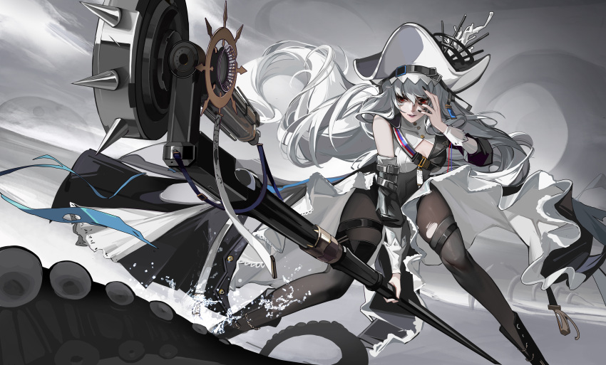 1girl absurdres arknights bangs bare_shoulders black_dress black_footwear black_headwear black_legwear black_nails boots breasts chinese_commentary cleavage cleavage_cutout clothing_cutout commentary_request detached_sleeves dress eyebrows_behind_hair feet_out_of_frame fighting_stance fingernails foreshortening gradient gradient_background grey_background grey_hair hair_between_eyes hand_on_own_face hat highres holding holding_weapon huge_weapon knee_boots leaning_forward long_fingernails long_hair long_sleeves medium_breasts nail_polish pantyhose parted_lips pelvic_curtain red_eyes shoulder_strap smile solo specter_(arknights) specter_the_unchained_(arknights) standing tentacles torn_clothes torn_legwear very_long_hair weapon yaoshan_shi