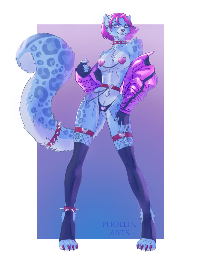 absurd_res blue blue_leopard breasts clothing felid fishnet hair heart_symbol hi_res jacket legwear mammal nipple_piercing nipples pantherine phoelix piercing pink pink_clothing pink_hair pink_jacket pink_topwear snow_leopard spikes stockings topwear