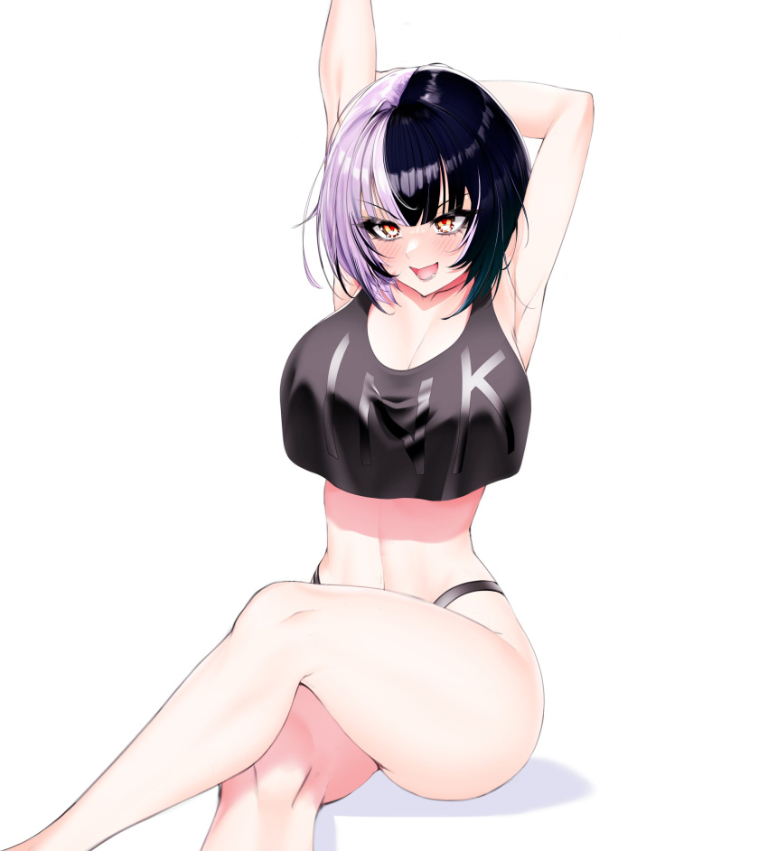 1girl absurdres armpits arms_behind_head arms_up black_hair black_panties black_shirt blush breasts cleavage clothes_writing commentary crop_top crop_top_overhang crossed_legs english_commentary english_text feet_out_of_frame grey_hair highleg highleg_panties highres hololive hololive_english large_breasts lower_teeth_only multicolored_hair no_pants open_mouth panties porougon shadow shiori_novella shirt short_hair simple_background sitting sleeveless sleeveless_shirt smile solo split-color_hair stretching teeth two-tone_hair underwear v-shaped_eyebrows virtual_youtuber white_background yellow_eyes