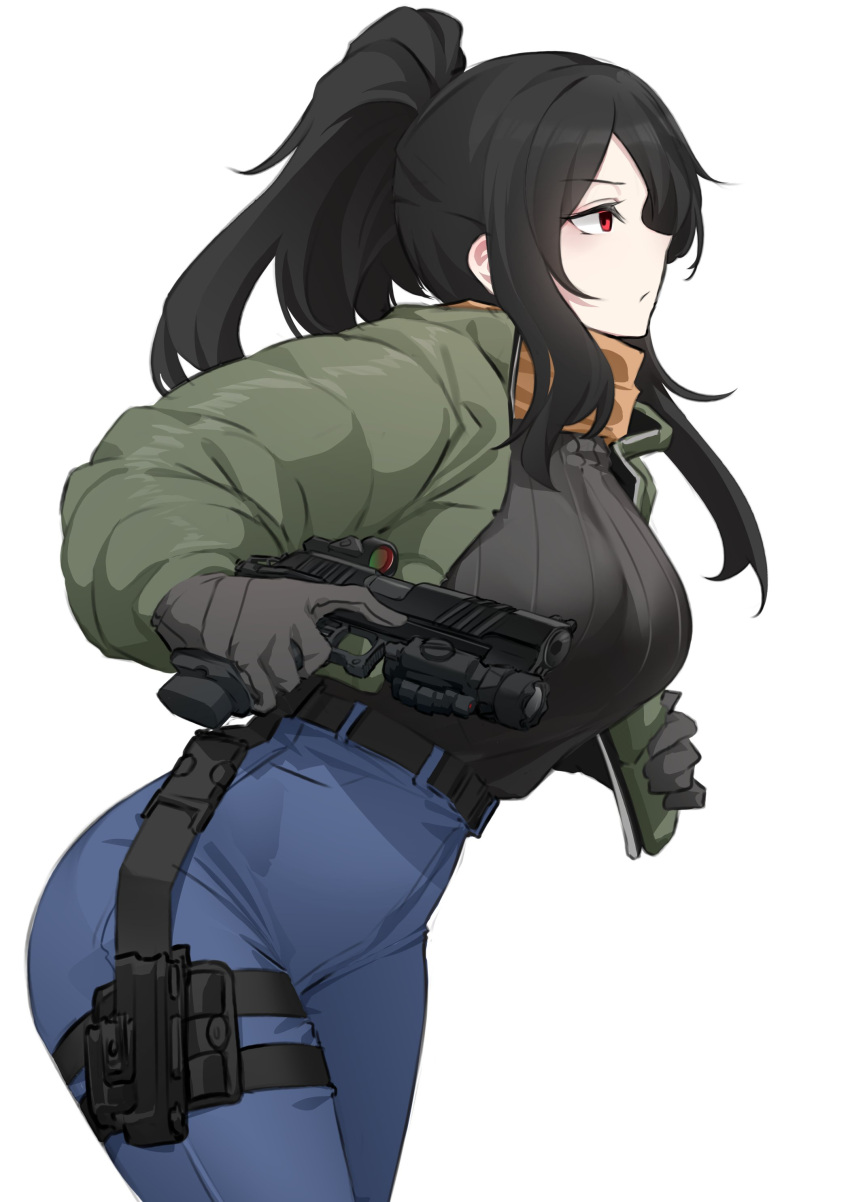 1girl absurdres belt black_belt black_sweater breasts denim flashlight frown gloves green_jacket grey_gloves gun handgun high_ponytail highres holding holding_gun holding_weapon holster jacket jeans k0ng large_breasts long_hair m1911 open_clothes open_jacket original pants ponytail red_eyes reflex_sight scarf sidelocks solo sweater sweater_tucked_in thigh_holster weapon yellow_scarf