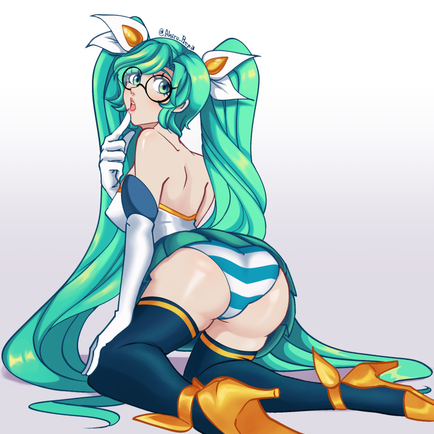 1girl ahiru_rena artist_name bare_shoulders black-framed_eyewear finger_to_mouth glasses gloves green_eyes green_hair green_skirt hair_ornament highres league_of_legends long_hair official_alternate_costume open_mouth panties round_eyewear simple_background skirt solo sona_(league_of_legends) star_guardian_(league_of_legends) star_guardian_sona striped_clothes striped_panties twintails underwear watermark white_gloves