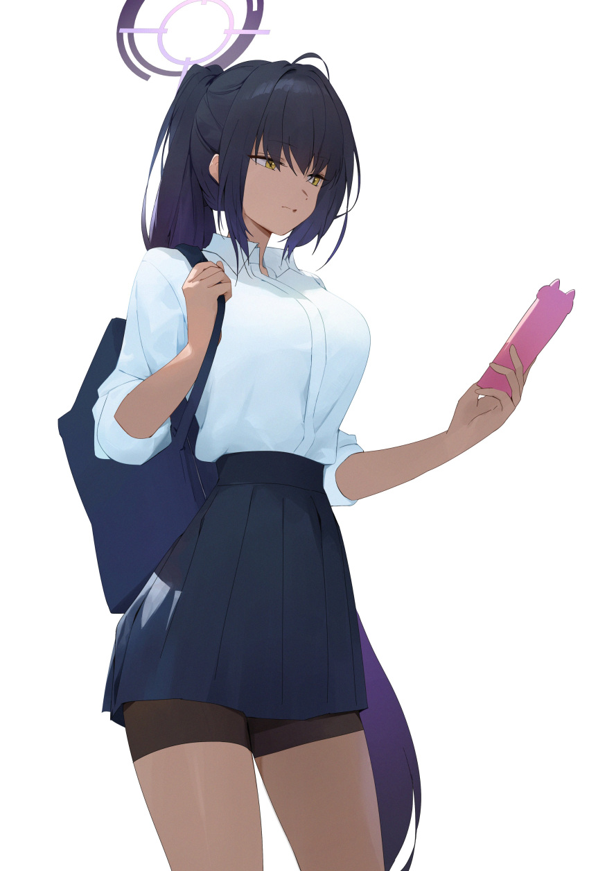 1girl absurdres backpack bag black_hair blue_archive blue_bag blue_skirt breasts closed_mouth collared_shirt cowboy_shot dark-skinned_female dark_skin dokshuri gradient_hair halo haniwa_(statue) highres holding holding_bag karin_(blue_archive) long_hair multicolored_hair pleated_skirt ponytail purple_hair purple_halo school_uniform shirt skirt solo two-tone_hair very_long_hair white_background white_shirt yellow_eyes