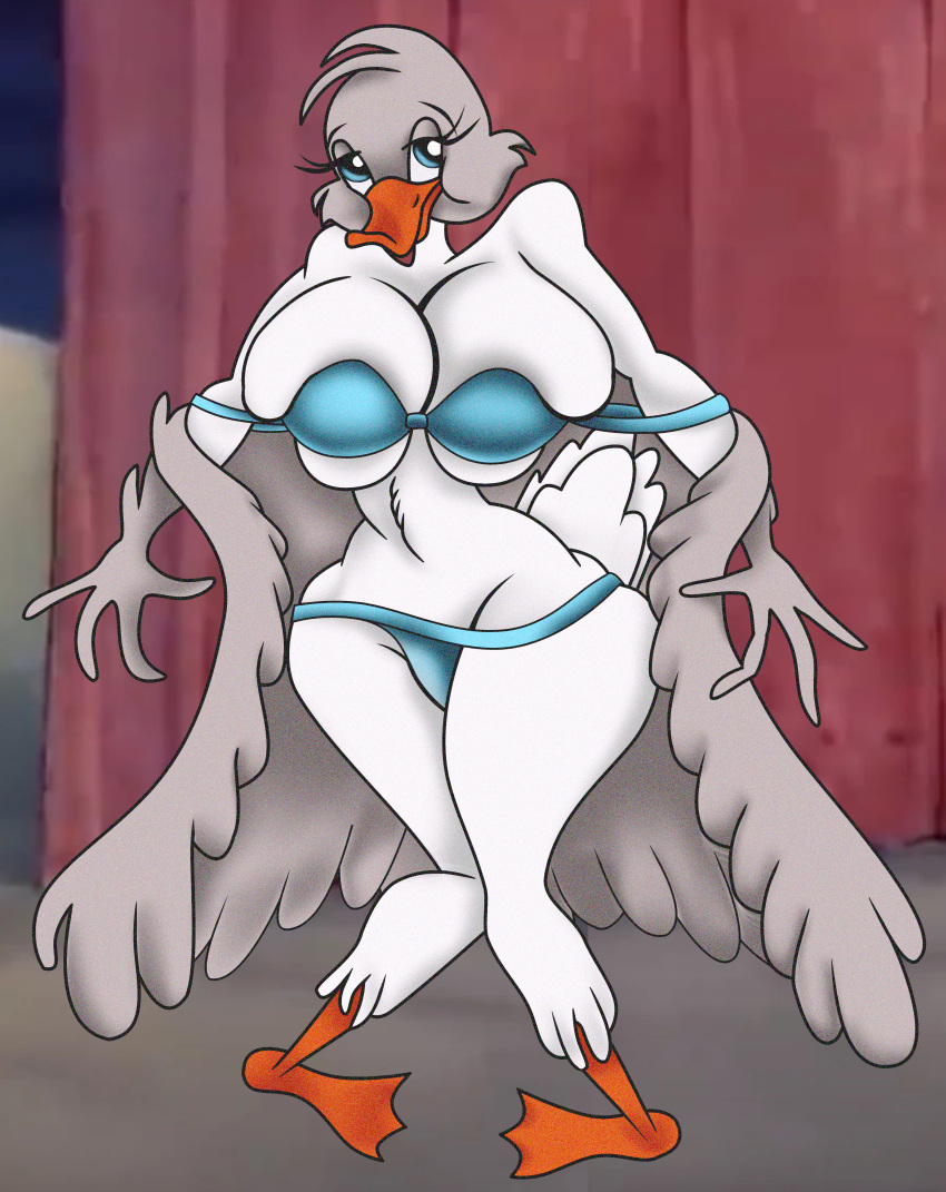 absurd_res anatid anseriform anthro avian big_breasts bird bottomwear bra breasts cleavage clothed clothing duck female hi_res metro-goldwyn-mayer mother_duck pants solo swinbop_(artist) tom_and_jerry underwear wardrobe_malfunction wide_hips