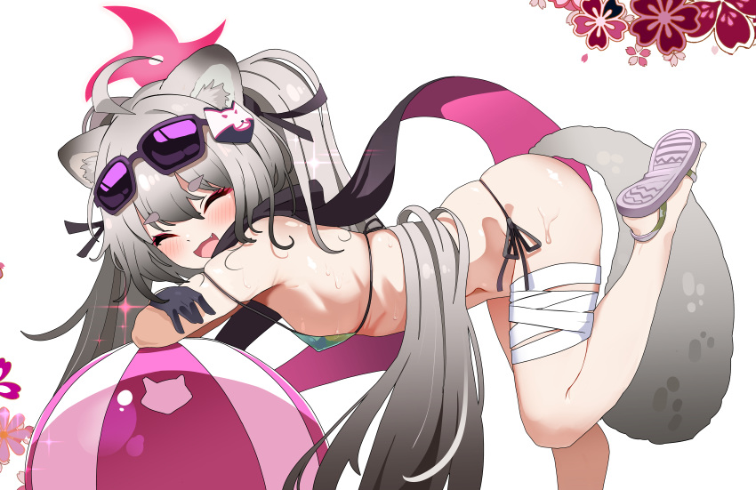 1girl absurdres ahoge animal_ear_fluff animal_ears ass ball bandaged_leg bandages bare_shoulders beachball bent_over bikini black_scarf blue_archive blush breasts closed_eyes crossed_arms eyewear_on_head feet_up grey_hair hair_ornament halo highres long_hair looking_at_viewer michiru_(blue_archive) official_alternate_costume open_mouth paid_reward_available raccoon_ears raccoon_girl raccoon_tail scarf side-tie_bikini_bottom simple_background small_breasts smile solo standing standing_on_one_leg string_bikini sunglasses swimsuit sylph_kim tail twintails very_long_hair white_background