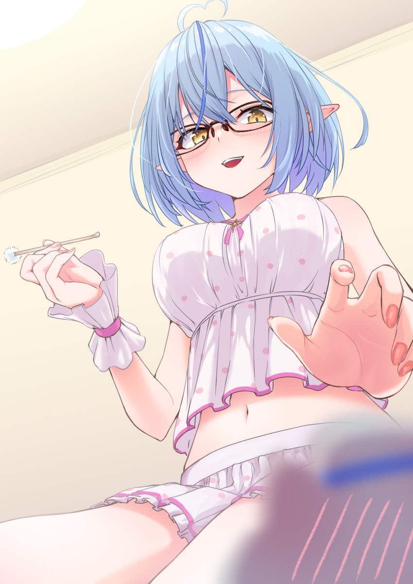 1girl absurdres ahoge bare_shoulders black-framed_eyewear blue_hair breasts crossed_bangs frilled_shirt frilled_skirt frills glasses hair_between_eyes hand_up highres holding hololive indoors large_breasts light_blush looking_at_another mimikaki multicolored_hair navel official_alternate_costume open_mouth outstretched_hand pointy_ears polka_dot polka_dot_shirt polka_dot_skirt reaching shirt short_hair sidelocks single_wrist_cuff skirt sleeveless sleeveless_shirt streaked_hair tatataecho teeth upper_teeth_only virtual_youtuber white_shirt white_skirt wrist_cuffs yellow_eyes yukihana_lamy yukihana_lamy_(4th_costume) yukimin_(yukihana_lamy)