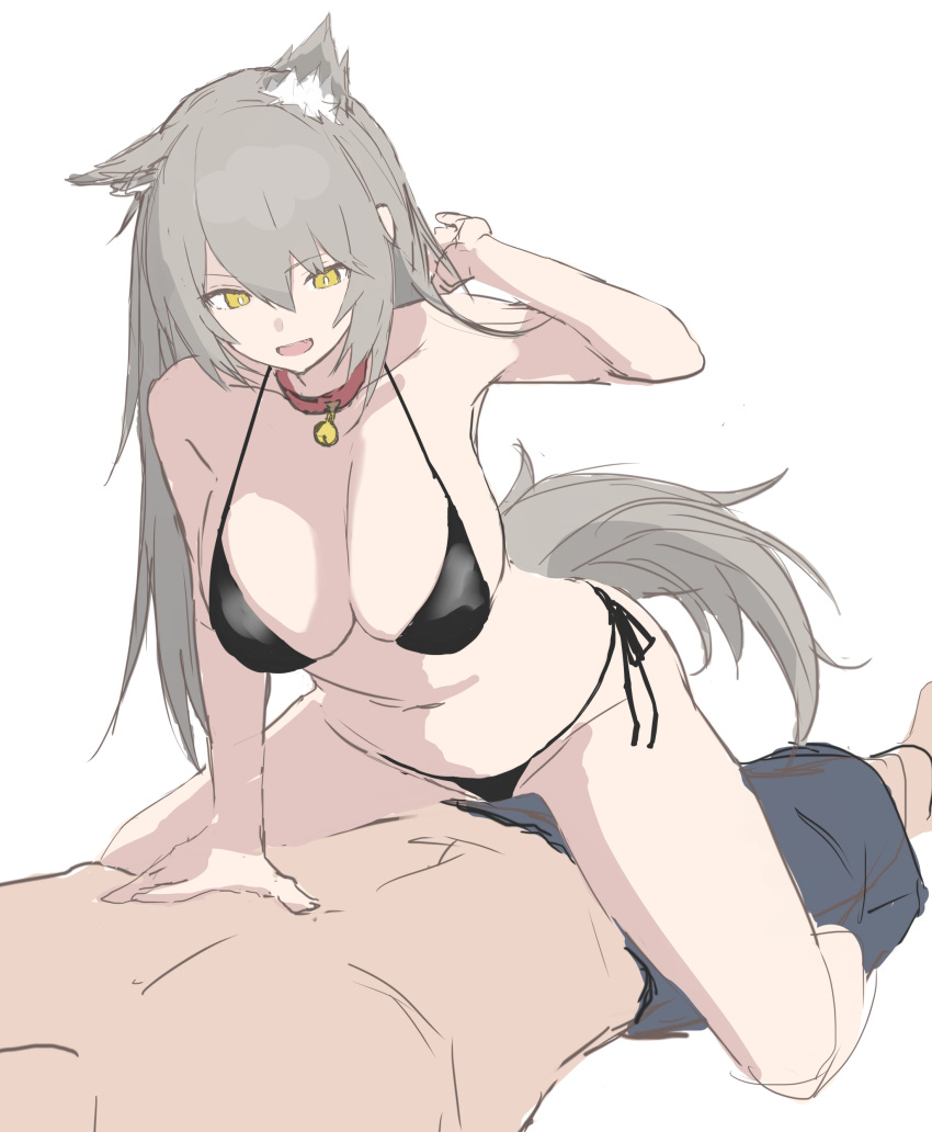 1boy 1girl :d absurdres animal_ear_fluff animal_ears arm_support arm_up armpits bikini black_bikini black_ribbon breasts brown_hair character_request cleavage collar collarbone cowgirl_position eyebrows_visible_through_hair fang ff_frbb122 girls'_frontline groin hand_in_own_hair hand_on_another's_chest hetero highres kneeling large_breasts long_hair looking_down male_swimwear navel open_mouth ribbon side-tie_bikini simple_background sketch smile straddling swim_trunks swimsuit tail v-shaped_eyebrows white_background yellow_eyes