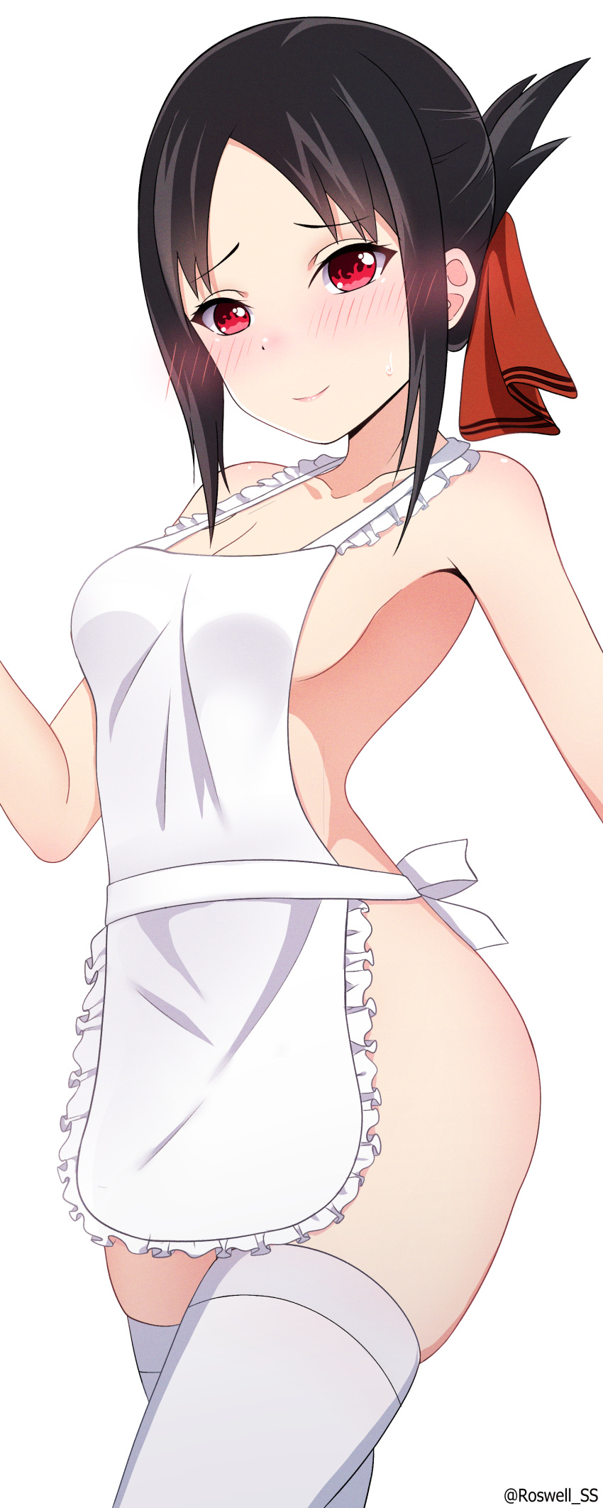 1girl absurdres apron bare_shoulders black_hair blush breasts cleavage cowboy_shot grey_thighhighs hair_ribbon hand_up highres kaguya-sama_wa_kokurasetai_~tensai-tachi_no_renai_zunousen~ maid_apron medium_breasts naked_apron parted_bangs red_ribbon ribbon roswell_ss shinomiya_kaguya shiny_skin short_hair simple_background skindentation solo thighhighs white_apron white_background