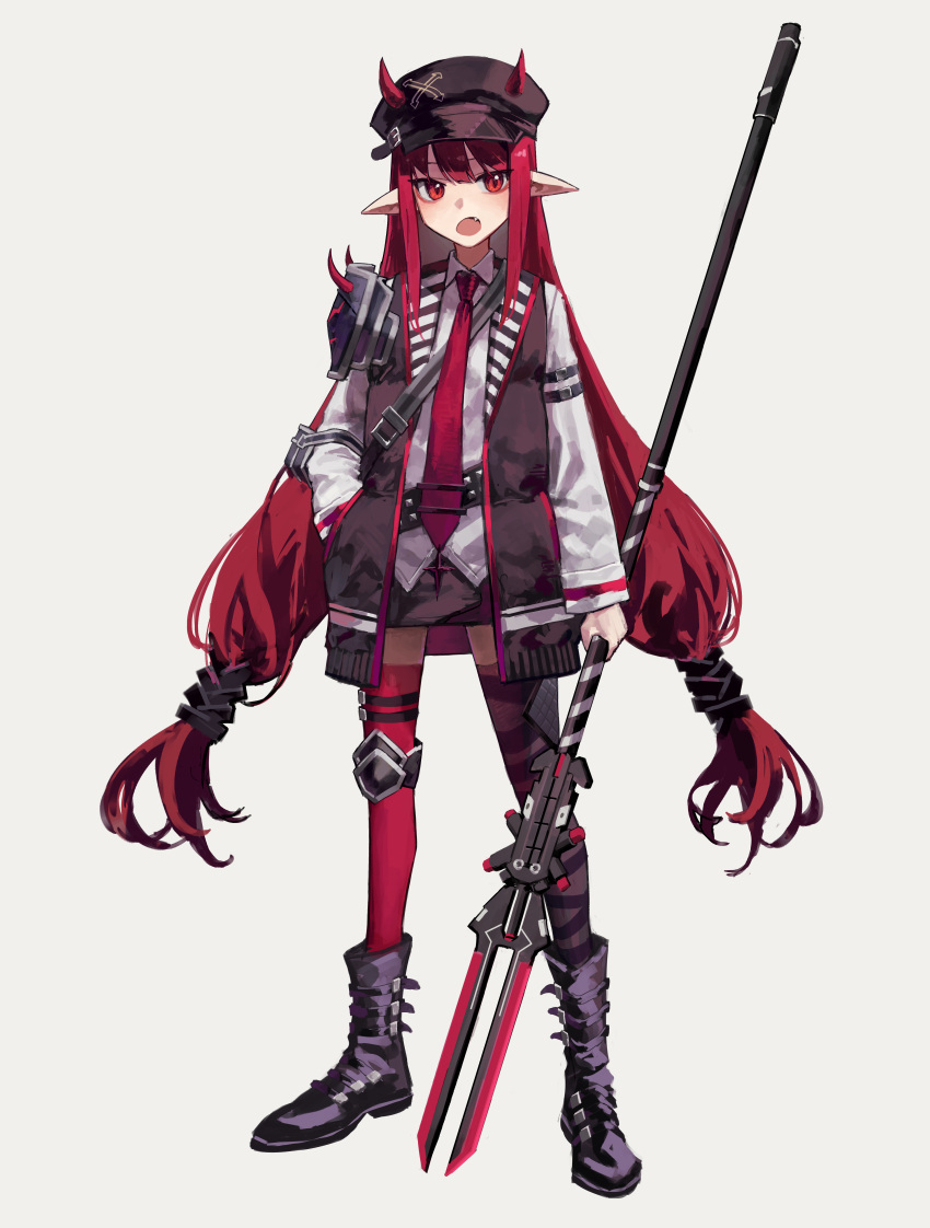 1girl absurdres arknights black_footwear black_skirt black_vest boots collared_shirt commentary_request fang full_body grey_background highres holding holding_polearm holding_weapon horns horns_through_headwear long_hair low-tied_long_hair low_twintails necktie open_mouth pointy_ears polearm red_eyes red_hair red_legwear red_necktie shirt shoulder_guard sidelocks simple_background skirt solo standing tachi-e thighhighs twintails very_long_hair vest vigna_(arknights) weapon white_shirt yoon_cook
