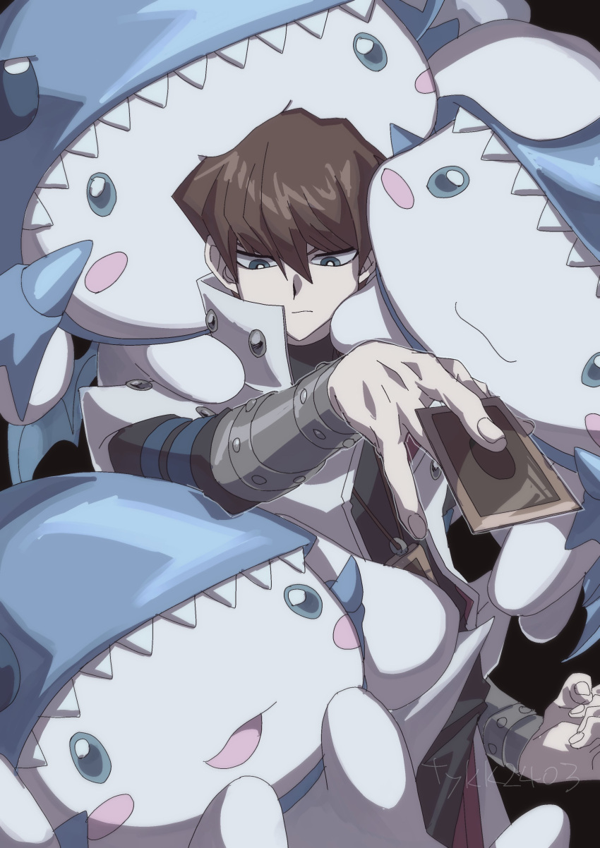 1boy absurdres black_background black_shirt blue-eyes_white_dragon blue-eyes_white_dragon_(cosplay) blue_eyes blush_stickers brown_hair cinnamoroll clenched_hand coat cosplay highres jewelry kaiba_seto looking_down male_focus medium_hair necklace sanrio shirt simple_background skmkst upper_body white_coat yu-gi-oh! yu-gi-oh!_duel_monsters