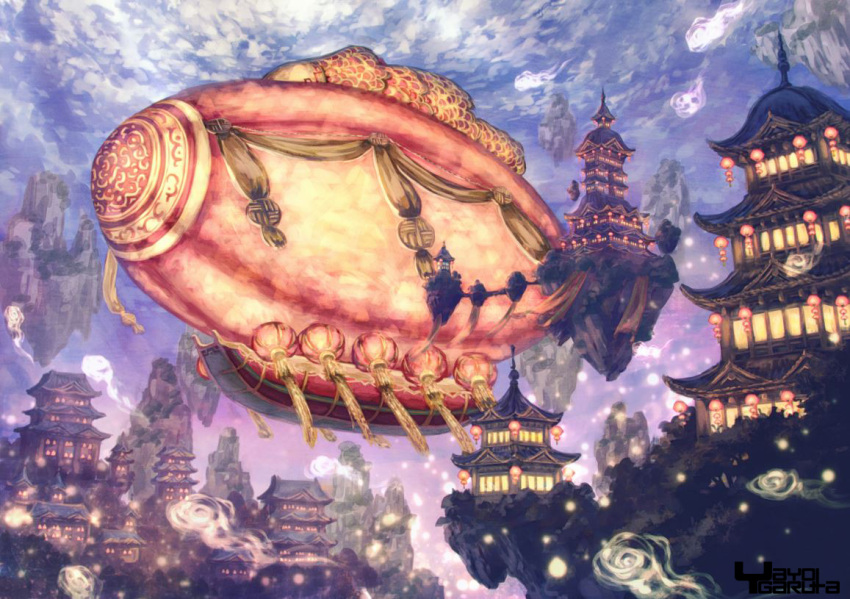 aircraft airship artist_name building city cloud cloudy_sky dirigible fantasy floating floating_island garutaisa hitodama lantern no_humans original outdoors pagoda scenery sky