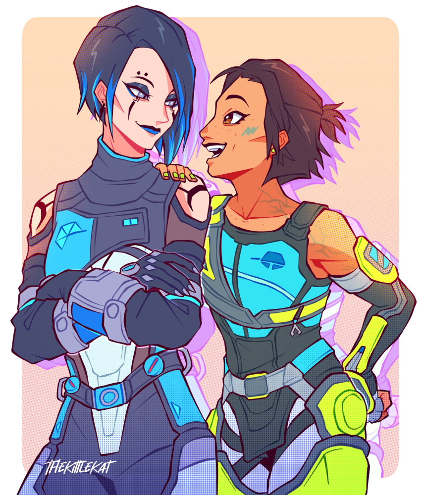 2girls apex_legends artist_name black_bodysuit black_eyeshadow black_gloves black_hair blue_eyeliner blue_hair blue_shirt bodysuit brown_hair catalyst_(apex_legends) clothing_cutout conduit_(apex_legends) crossed_arms dark-skinned_female dark_skin earrings english_commentary eye_contact eyebrow_piercing eyeliner eyeshadow freckles gloves grey_pants hair_behind_ear hand_on_another's_shoulder highres jewelry leaning_to_the_side looking_at_another makeup multicolored_hair multiple_girls pants piercing shirt short_hair shoulder_cutout smile streaked_hair thekittlekat yellow_nails