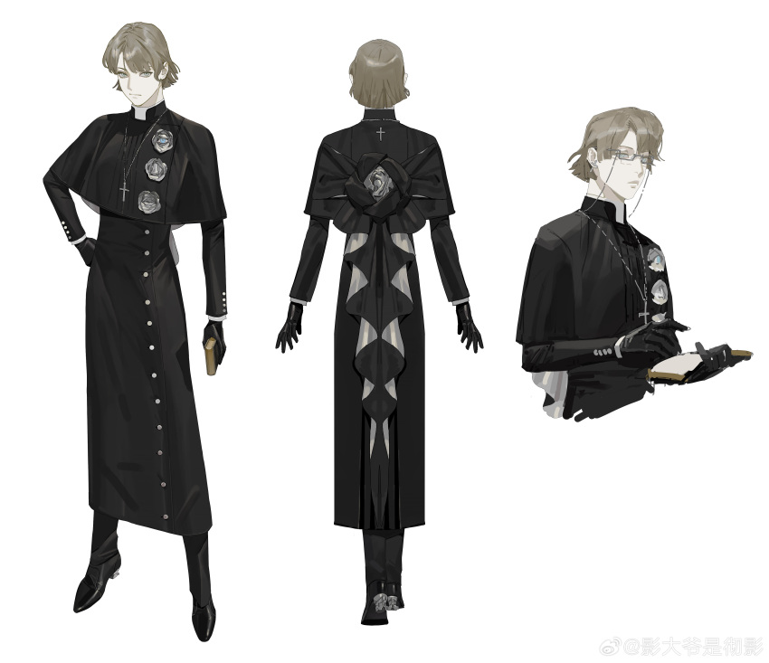 1boy absurdres black_bow black_capelet black_coat black_dress black_footwear black_gloves blonde_hair bow brown_hair buttons capelet chinese_commentary closed_mouth coat cropped_torso cross cross_necklace dress eyewear_strap full_body glasses gloves grey_eyes hand_on_own_hip highres holding jewelry long_sleeves looking_at_viewer male_focus multiple_views necklace original pen reference_sheet short_hair simple_background standing weibo_logo weibo_username white_background ying_daye_shi_che_ying