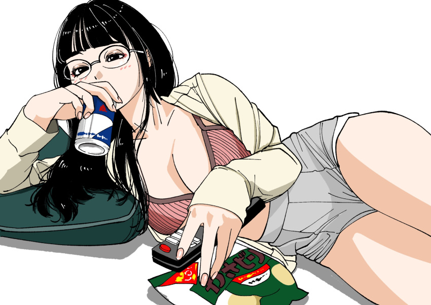 1girl black_eyes black_hair blunt_bangs blush bra breasts can chips_(food) cleavage collarbone controller drink_can energy_drink eyelashes eyeliner fingernails food glasses grey_shorts highres holding holding_can holding_remote_control large_breasts long_fingernails long_hair long_sleeves looking_at_viewer lying makeup nail_polish on_side open_clothes open_shirt original pillow pink_nails potato_chips remote_control rimless_eyewear round_eyewear sakamoto_giulietta shirt shorts simple_background soda_can solo thighs underwear white_background