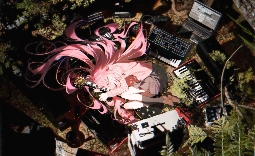 1girl absurdres bccommi black_socks bocchi_the_rock! closed_eyes commentary_request computer dappled_sunlight full_body gotoh_hitori grey_skirt hair_spread_out highres hugging_object instrument jacket keyboard_(instrument) kneehighs laptop leaf long_hair long_sleeves lying pink_hair pink_jacket pleated_skirt shadow skirt socks solo sunlight very_long_hair