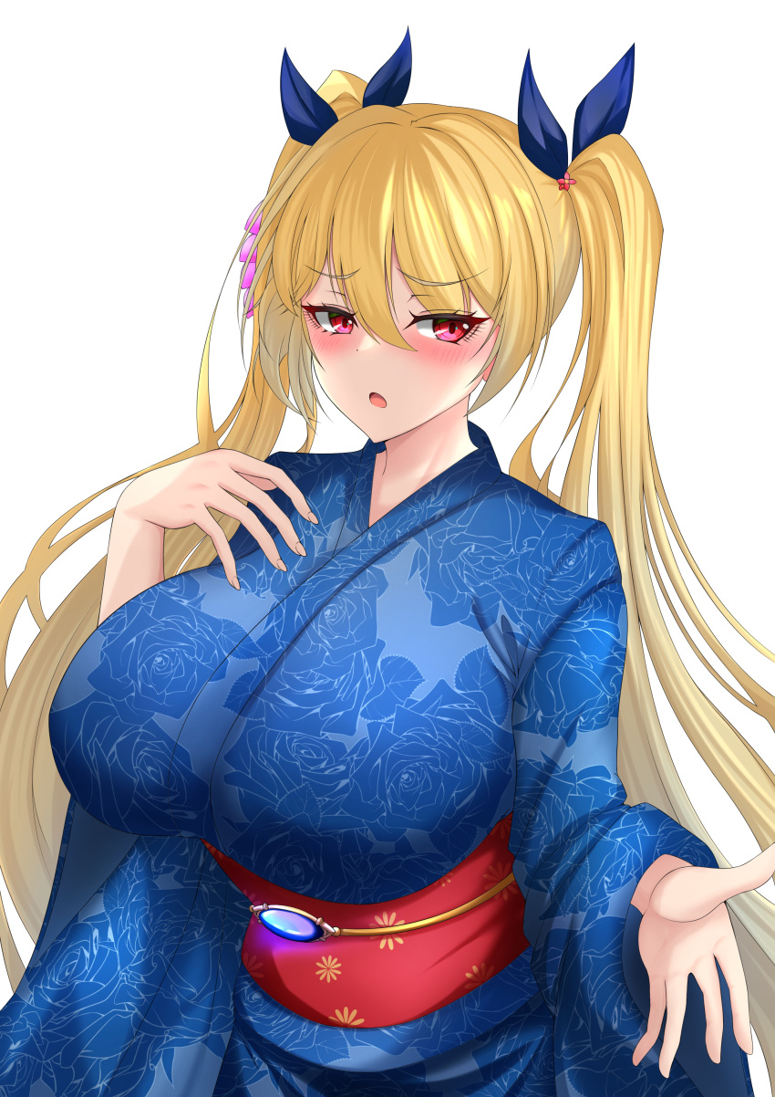 1girl absurdres azur_lane black_ribbon blonde_hair blue_kimono blush breasts eyebrows_visible_through_hair floral_print hair_between_eyes hand_on_own_chest highres japanese_clothes kimono large_breasts long_hair looking_at_viewer nelson_(azur_lane) nelson_(azure_and_gold_summer_night)_(azur_lane) official_alternate_costume red_eyes ribbon sash solo twintails very_long_hair ville87804