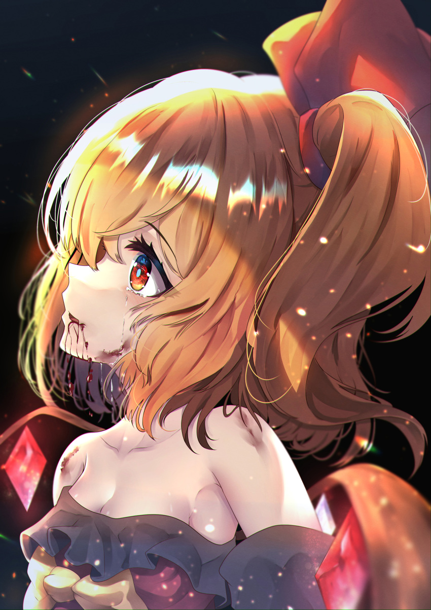 1girl absurdres bangs bare_shoulders black_background blonde_hair blood blood_from_mouth blood_on_face bow breasts collarbone commentary_request crying crystal dfra dress eyebrows_visible_through_hair eyes_visible_through_hair fang flandre_scarlet frills hair_between_eyes hair_ribbon highres jewelry light looking_to_the_side looking_up medium_breasts multicolored_wings no_hat no_headwear off-shoulder_dress off_shoulder one_side_up open_mouth purple_dress red_eyes red_ribbon ribbon shadow short_hair short_sleeves simple_background solo tearing_up tears touhou upper_body wings yellow_bow