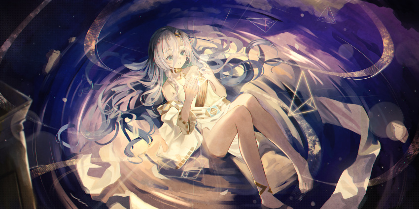 1girl absurdres bare_shoulders barefoot blue_eyes character_request commentary glowing grey_hair hair_between_eyes hands_up highres hyonee knees_up long_hair parted_lips reverse:1999 ripples single_strap solo very_long_hair water