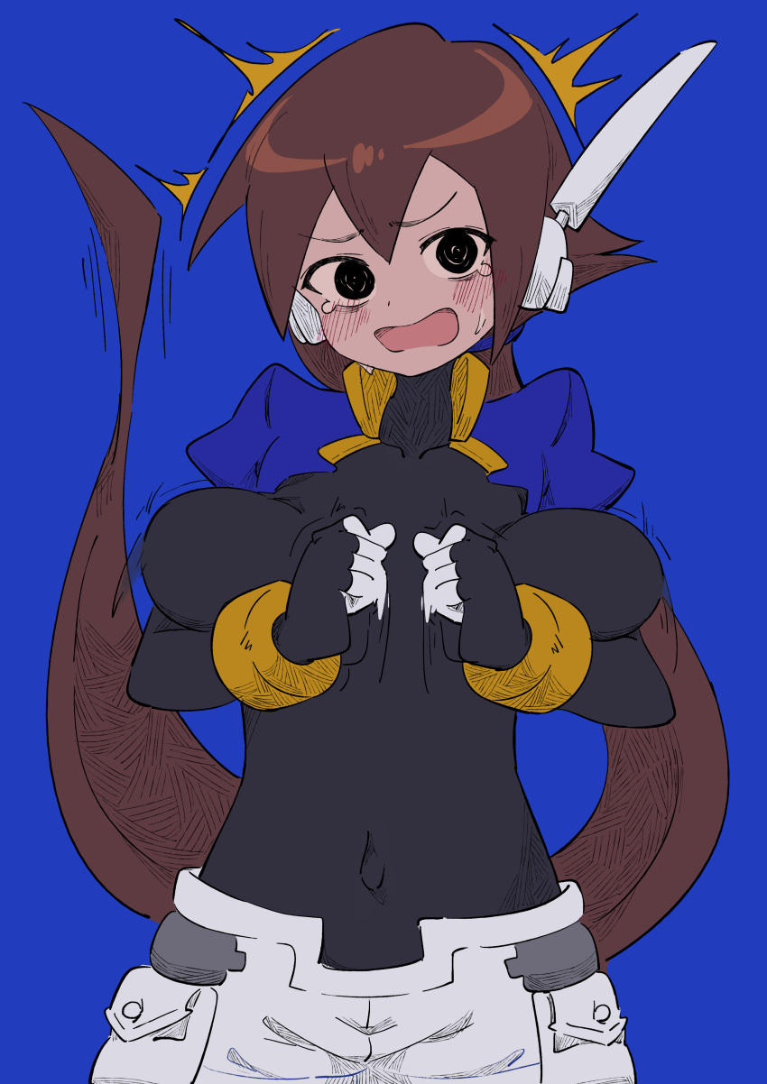 1girl absurdres aile_(mega_man_zx) arms_under_breasts black_bodysuit black_eyes blue_background blue_jacket bodysuit bodysuit_under_clothes breasts brown_hair buzzlyears covered_collarbone cowboy_shot cropped_jacket highres jacket large_breasts long_hair looking_at_viewer mega_man_(series) mega_man_zx mega_man_zx_advent nervous open_clothes open_jacket ponytail shorts simple_background solo surprised sweat tearing_up white_shorts