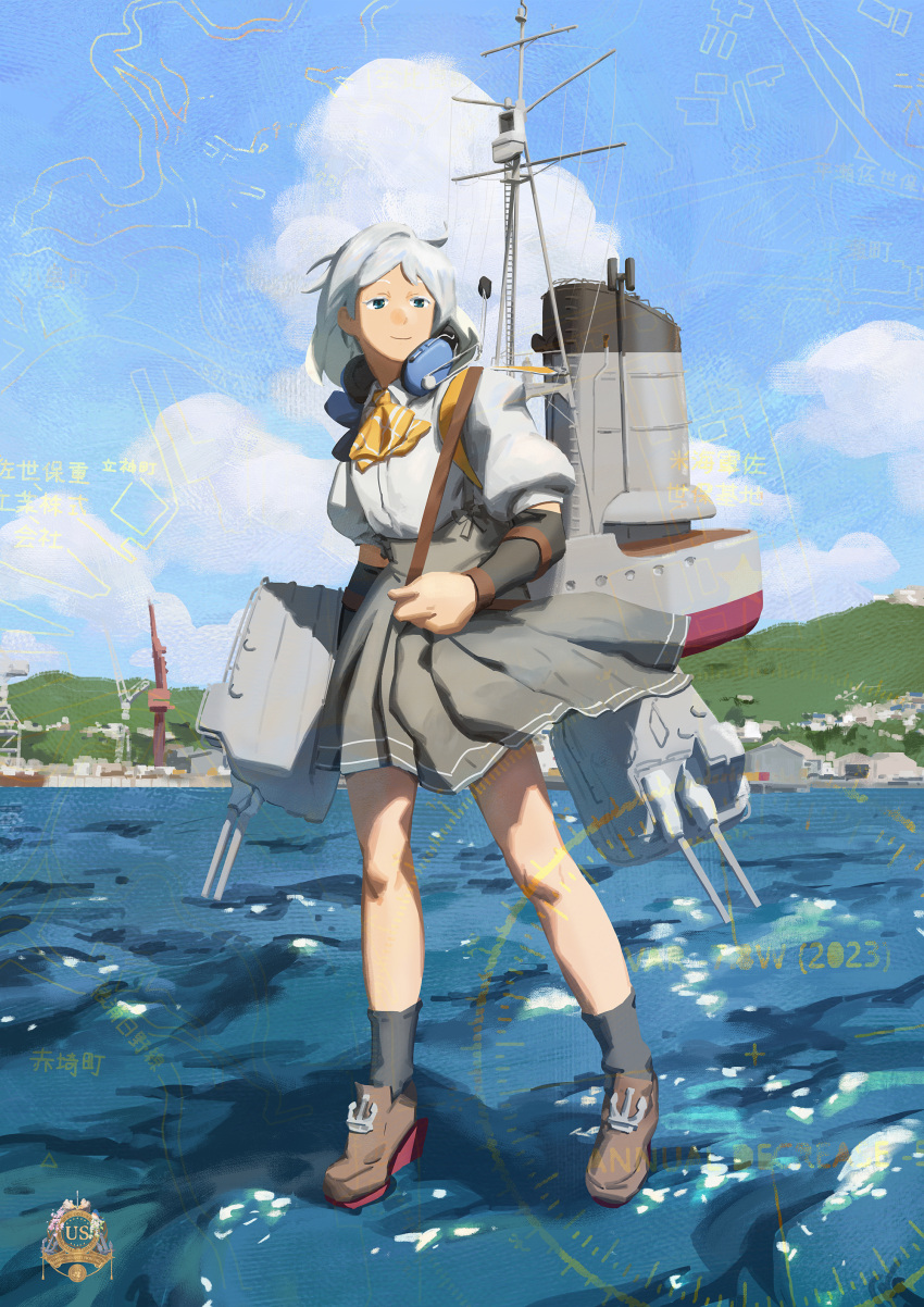 1girl absurdres adapted_turret anchor arm_warmers ascot black_socks blue_eyes blue_sky cannon cloud collared_shirt day dress_shirt full_body headphones headphones_around_neck highres kantai_collection loafers looking_to_the_side machinery mountain natsugumo_(kancolle) orange_ascot outdoors plaid_ascot shirt shoes short_hair skirt sky socks solo suspender_skirt suspenders turret walking walking_on_liquid white_hair white_shirt ye_fan