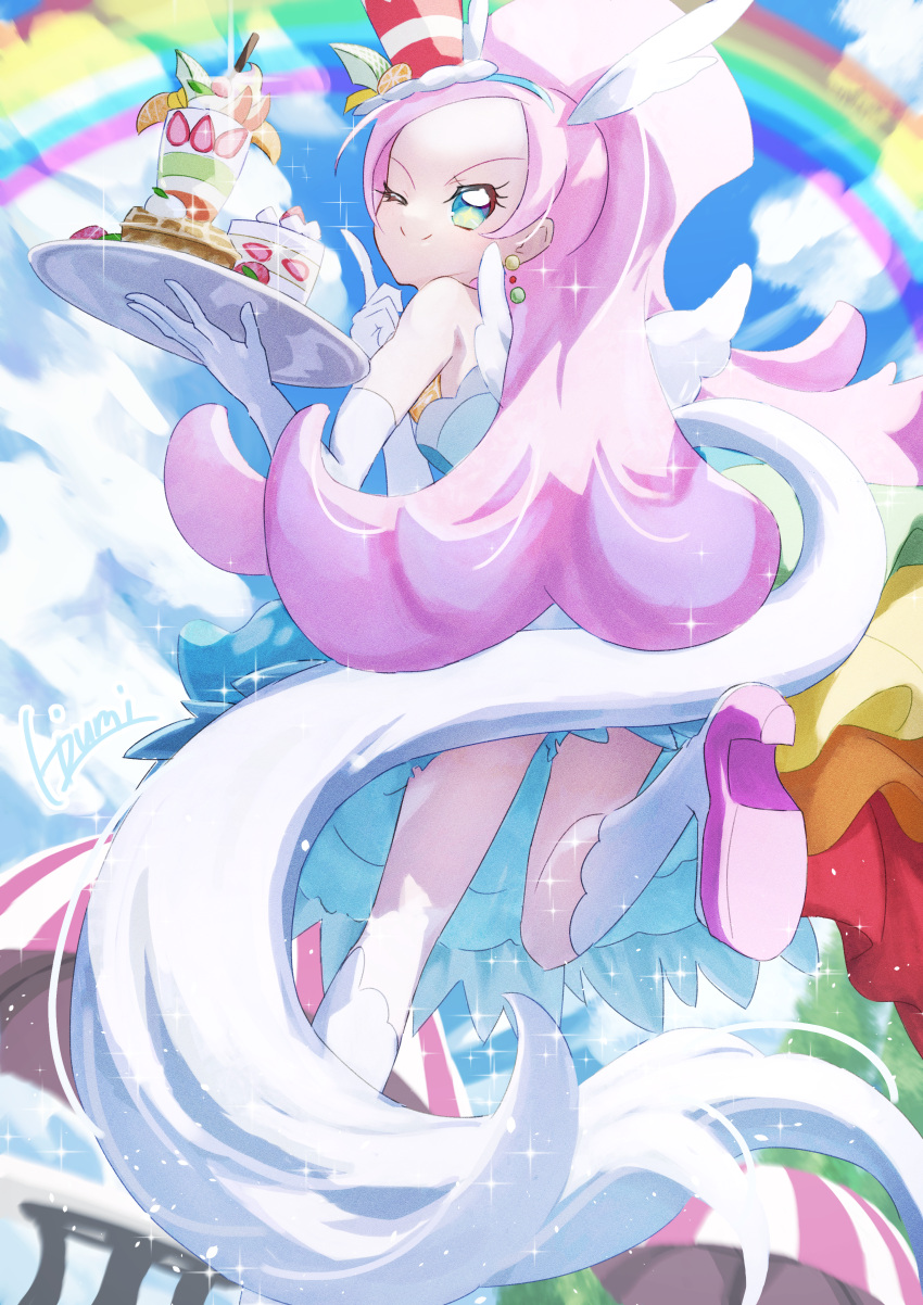 absurdres animal_ears bare_shoulders berry boots choker cloud cure_parfait dress earrings elbow_gloves food food-themed_hair_ornament fruit gloves hair_ornament headband highres holding holding_plate horse_ears jewelry kirakira_precure_a_la_mode kiwi_(fruit) leaf lemon long_hair multicolored_eyes one_eye_closed orange_(fruit) parfait pearl_choker pearl_earrings pink_hair plate pointing pointing_up ponytail precure rainbow sparkling_eyes standing standing_on_one_leg strapless strapless_dress table tail takahashi_hizumi umbrella white_footwear white_gloves white_tail white_wings wings