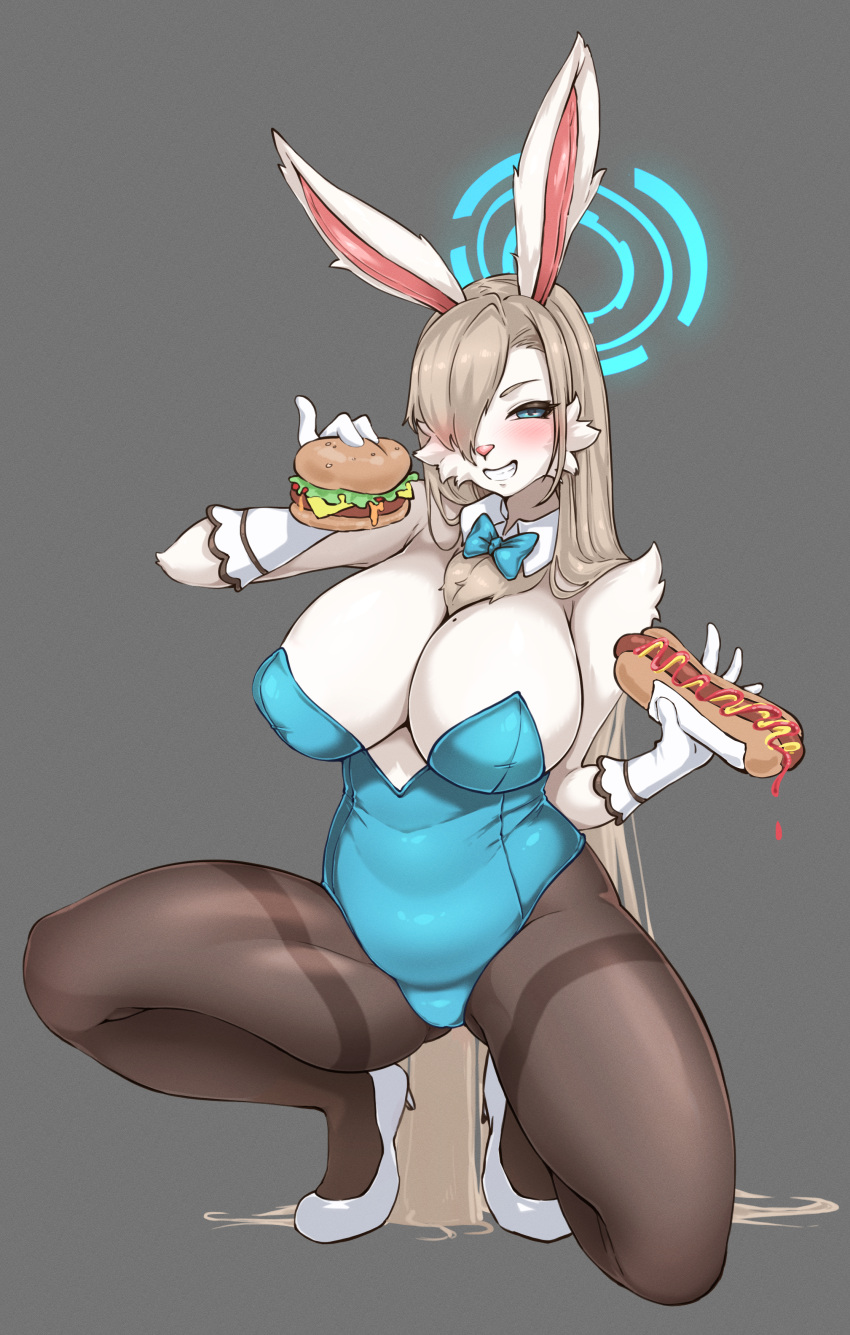 2022 4_fingers absurd_res anthro asuna_ichinose big_breasts blue_archive blue_eyes blush bow_tie breasts burger catree cheek_tuft chest_tuft cleavage clothed clothing crouching eyelashes eyeshadow facial_tuft female fingers food footwear fur gloves grey_background grey_hair hair hair_over_eye half-closed_eyes handwear hi_res high_heels hot_dog huge_breasts lagomorph legwear leotard leporid long_hair looking_at_viewer makeup mammal narrowed_eyes one_eye_obstructed pantyhose pink_nose rabbit shirt_collar shoes simple_background slightly_chubby smile solo tuft white_body white_fur