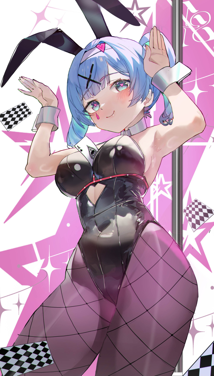 1girl absurdres animal_ears armpits arms_up between_breasts black_leotard black_pantyhose blue_eyes blue_hair blush breasts card card_between_breasts closed_mouth clothing_cutout contrapposto detached_collar fake_animal_ears fishnet_pantyhose fishnets from_below hatsune_miku heart heart-shaped_pupils heart_cutout highleg highleg_leotard highres hui_zhong_zhi_meng large_breasts legs_apart leotard looking_at_viewer pantyhose playboy_bunny pole rabbit_ears rabbit_hole_(vocaloid) rabbit_pose short_hair short_twintails smile solo stomach_cutout stripper_pole symbol-shaped_pupils teardrop_facial_mark thighs twintails vocaloid white_wrist_cuffs wrist_cuffs