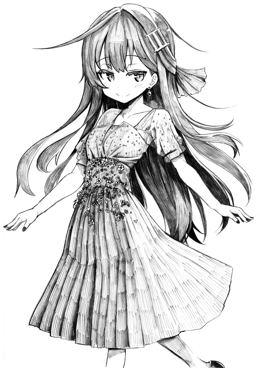 1girl absurdres ahoge akatsuki_(kancolle) alternate_costume dress feet_out_of_frame graphite_(medium) hair_ornament hairclip highres kantai_collection long_hair monochrome outstretched_arms pleated_dress smile solo traditional_media tsuji_kazuho