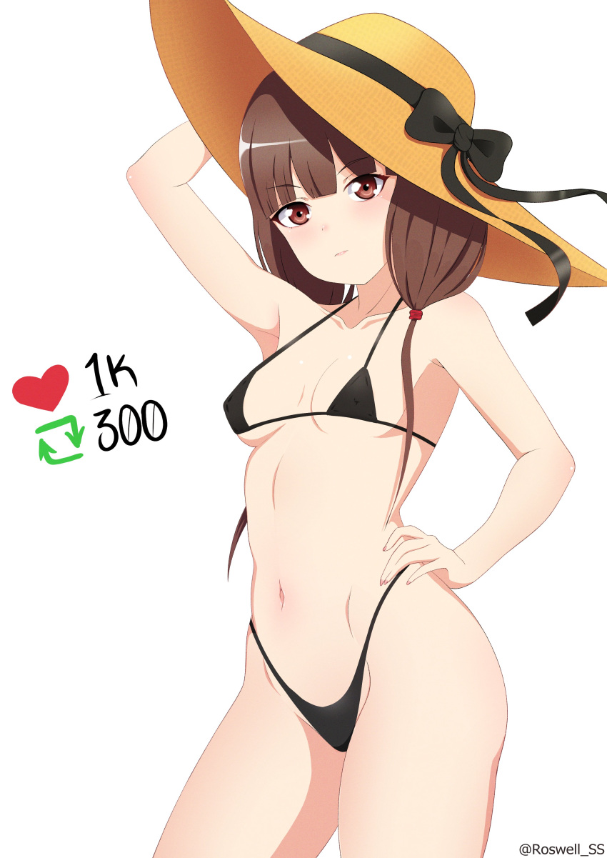 1girl absurdres alternate_costume arm_up artist_name bikini black_bikini black_bow bow brown_eyes brown_hair collarbone covered_nipples cowboy_shot frown hand_on_own_hip hat hat_bow highres iino_miko kaguya-sama_wa_kokurasetai_~tensai-tachi_no_renai_zunousen~ long_hair meme navel roswell_ss simple_background solo stomach sun_hat swimsuit twitter_strip_game_(meme) white_background