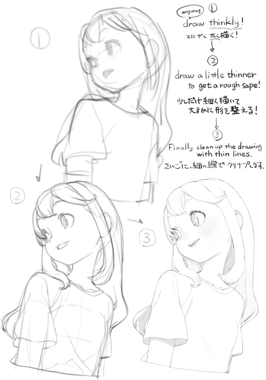 1girl commentary_request greyscale highres how_to long_hair looking_to_the_side monochrome multiple_views original parted_lips ryo_chimo shirt sketch smile t-shirt upper_body