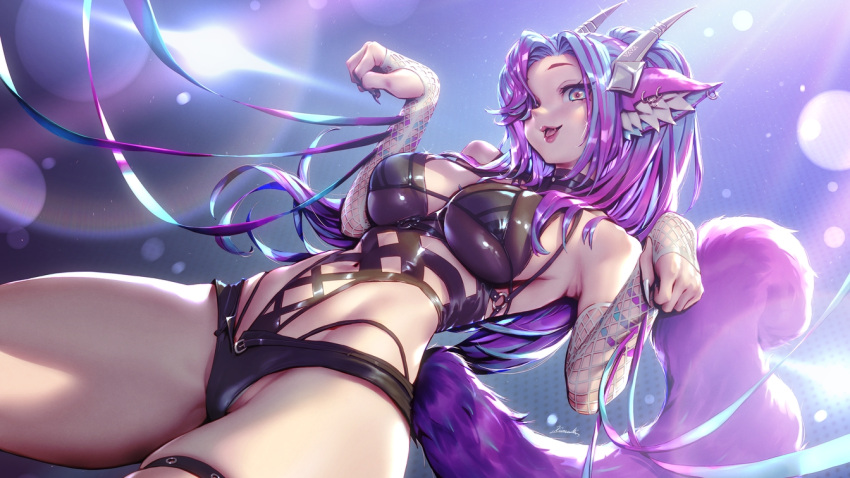 1girl animal_ear_fluff animal_ears bikini black_bikini black_leotard breasts commission dutch_angle elbow_gloves fangs fingerless_gloves from_below gloves horns kionaoki large_breasts leotard long_hair looking_at_viewer multicolored_eyes multicolored_hair open_mouth paw_pose ponytail purple_hair short_shorts shorts solo swimsuit tail two-tone_hair vrchat