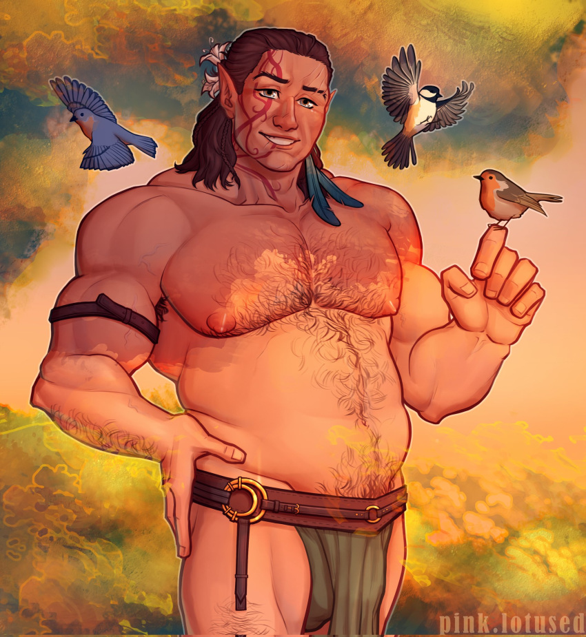 1boy alternate_muscle_size baldur's_gate baldur's_gate_3 bara belly bird bird_on_hand brown_hair dark-skinned_male dark_skin dungeons_and_dragons elf hairy halsin highres large_pectorals looking_at_viewer lotus_emilie male_focus mature_male medium_hair muscular muscular_male navel nipples pectorals pelvic_curtain plump pointy_ears smile solo sparse_leg_hair thick_arm_hair thick_chest_hair thick_eyebrows thick_navel_hair topless_male