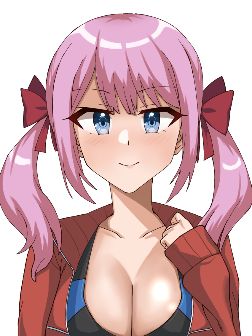 1girl assault_lily black_one-piece_swimsuit blue_eyes blue_one-piece_swimsuit blush bow breasts cleavage closed_mouth collarbone commentary competition_swimsuit hair_bow hand_up highres jacket large_breasts long_hair long_sleeves looking_at_viewer one-piece_swimsuit open_clothes open_jacket pink_hair red_bow red_jacket sadamori_himeka simple_background sleeves_past_wrists solo swimsuit swimsuit_under_clothes track_jacket twintails two-tone_swimsuit upper_body white_background yuhana_(lily_yuhana)