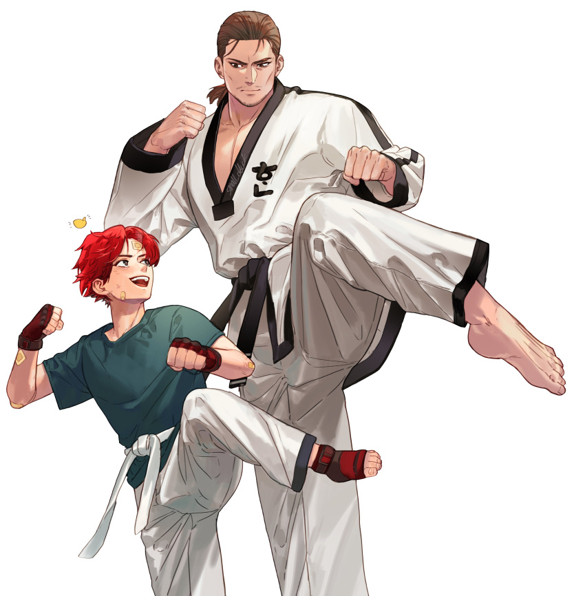 absurdres aged_down artist_name baek_doo_san barefoot belt collarbone dobok dougi fingerless_gloves gloves green_shirt highres hwoarang_(tekken) legs_up looking_down looking_up medium_hair pants red_hair shirt short_hair simple_background small_dduck taekwondo teacher_and_student tekken white_background white_pants white_shirt