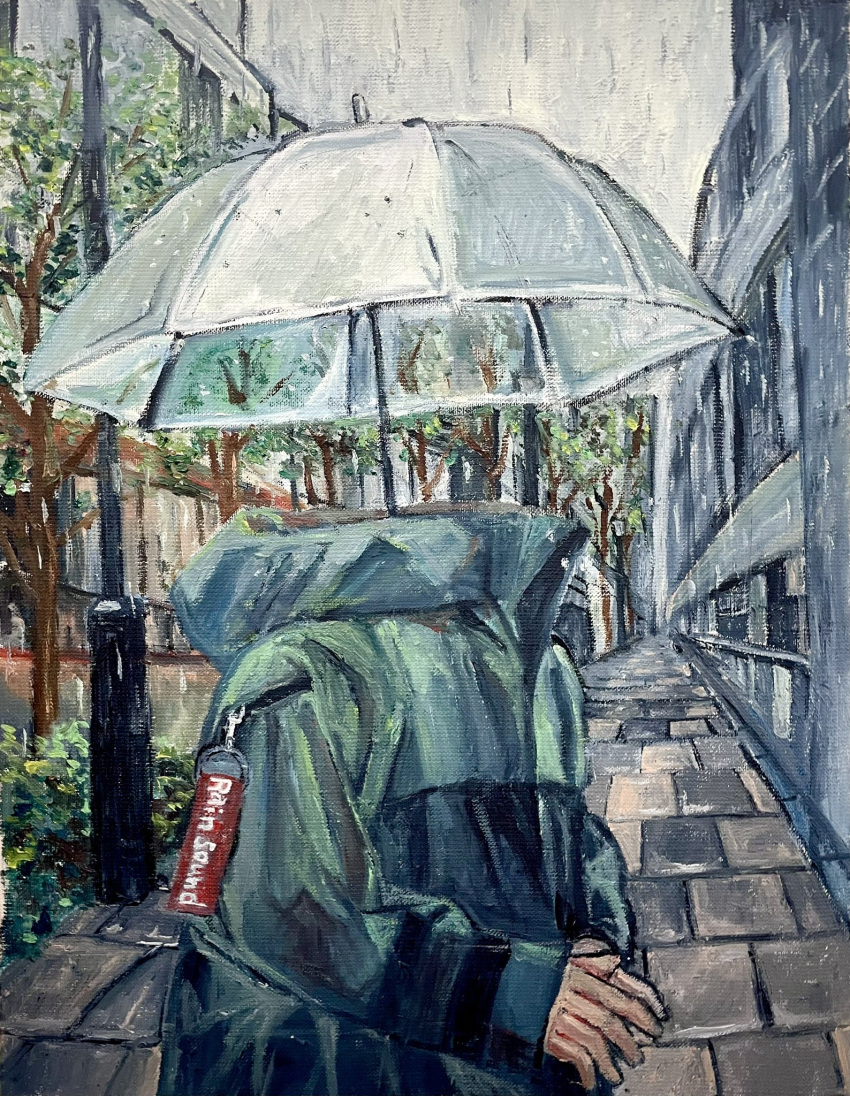 1other bottle building coat from_behind green_coat highres holding holding_umbrella hood jacket long_sleeves oil_painting_(medium) original outdoors painting_(medium) rain road s_gurico solo street traditional_media transparent transparent_umbrella tree umbrella