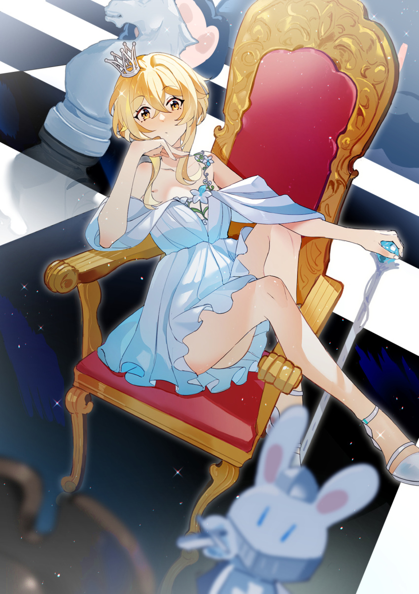 1girl alternate_costume bare_legs bare_shoulders blonde_hair blue_dress blurry board_game checkered_floor chess chess_piece chessboard closed_mouth collar crown depth_of_field dress elbow_rest flower full_body genshin_impact hair_between_eyes hand_up head_rest highres holding holding_scepter knees_up knight_(chess) lily_(flower) looking_at_viewer lumine_(genshin_impact) mini_crown off-shoulder_dress off_shoulder outstretched_arm scepter shoes short_dress short_hair silver_footwear sitting solo sparkle throne yaner_10 yellow_eyes