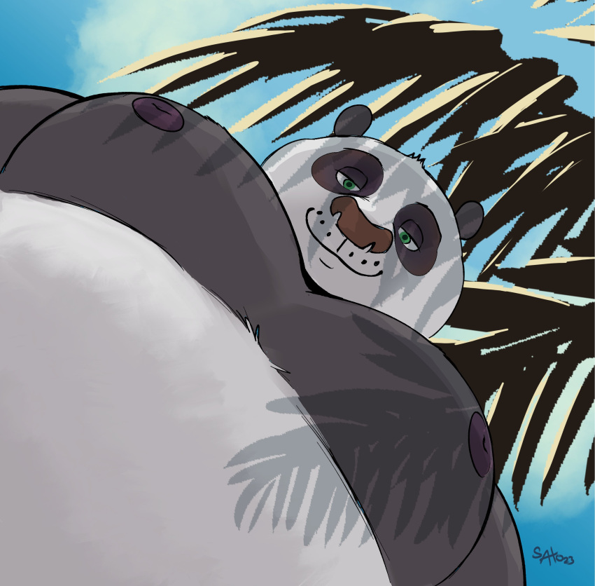 absurd_res anthro bear belly black_and_white_fur blue_eyes dreamworks giant_panda hi_res inverted_nipples kung_fu_panda low-angle_view male mammal master_po_ping moobs nipples overweight sato_(artist) smile smirk smug solo