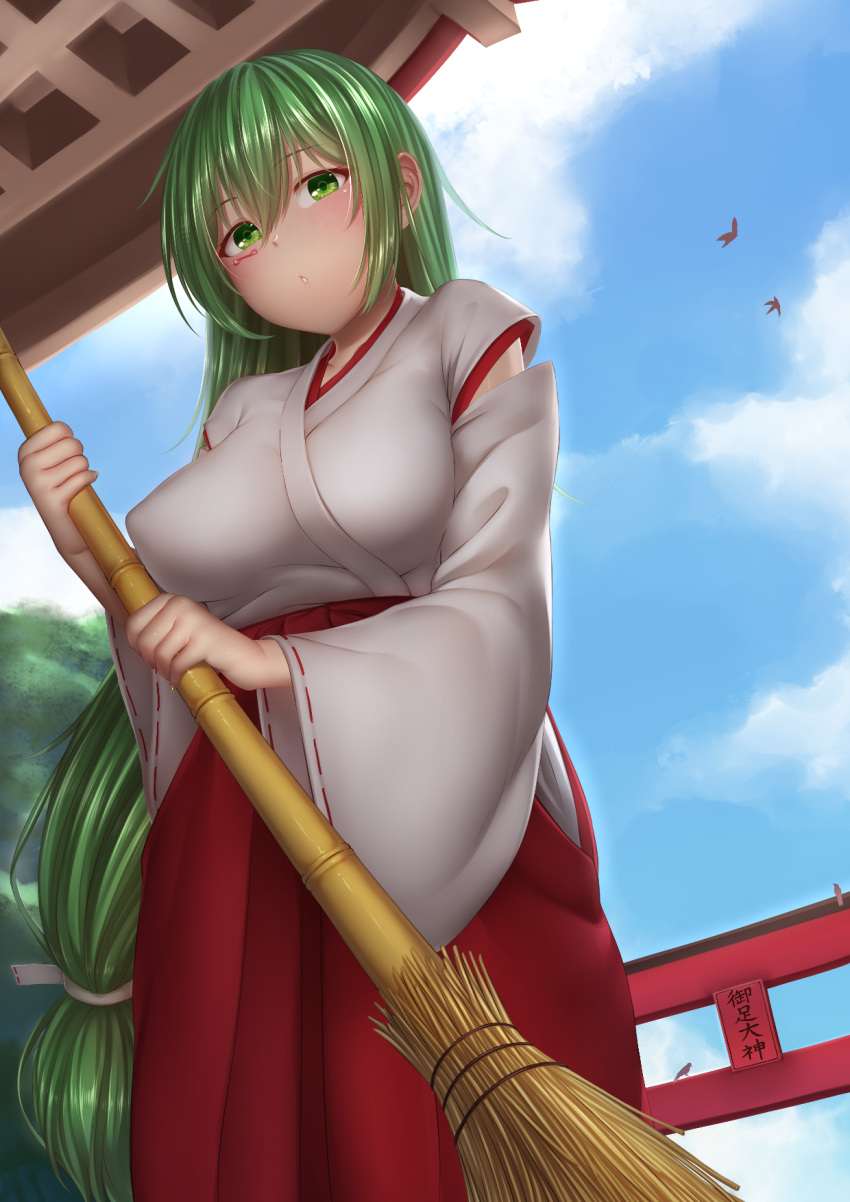 1girl :o alternate_costume bamboo_broom bird blue_sky blush breasts broom cloud day detached_sleeves green_eyes green_hair hair_between_eyes hakama hakama_skirt highres holding holding_broom japanese_clothes kimono large_breasts long_hair long_sleeves looking_at_viewer low-tied_long_hair miko outdoors paid_reward_available red_hakama ribbon-trimmed_sleeves ribbon_trim skirt sky solo standing torii very_long_hair wide_sleeves yui_hiroshi