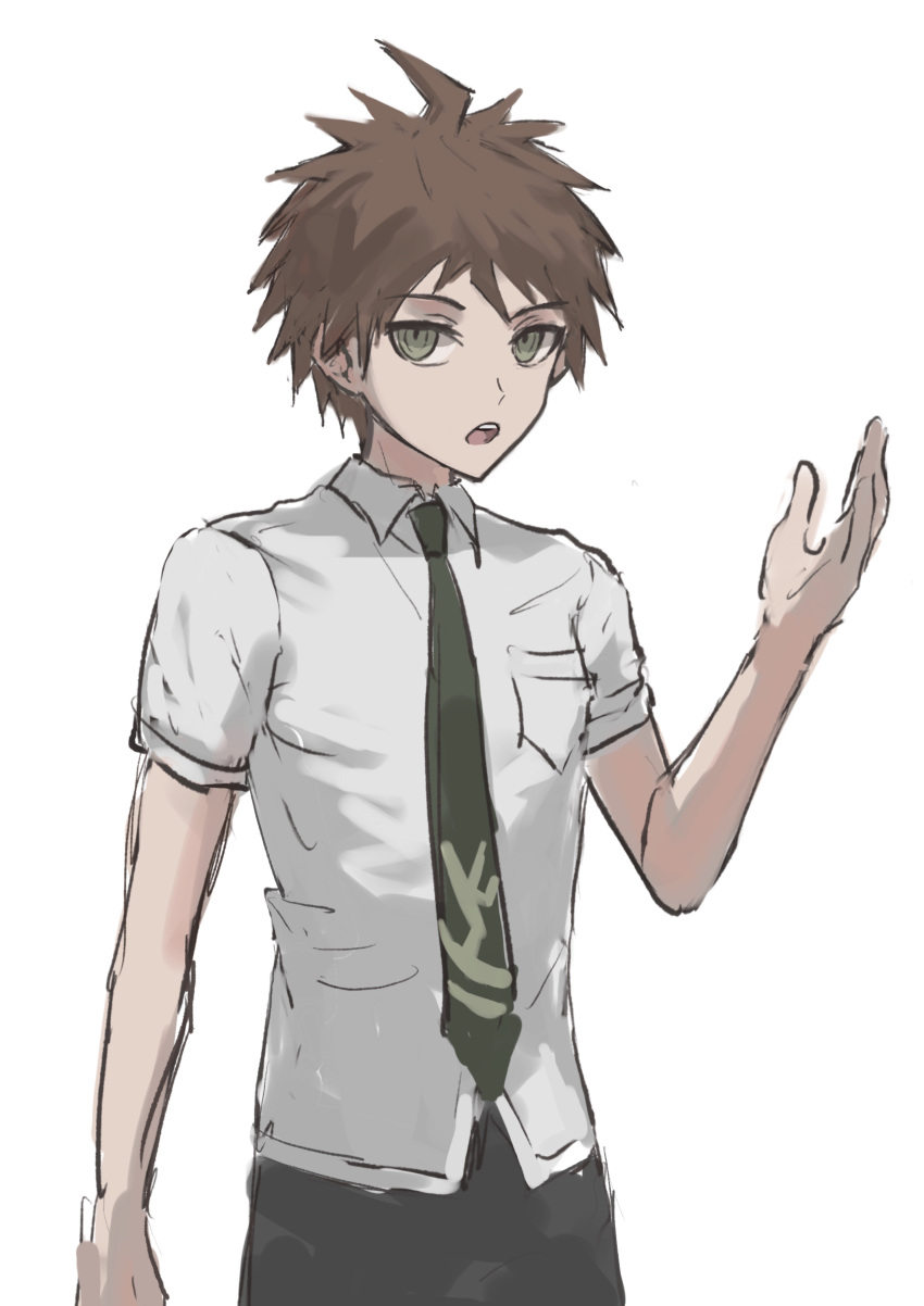 1boy absurdres ahoge breast_pocket brown_eyes brown_hair collared_shirt cowboy_shot danganronpa_(series) danganronpa_2:_goodbye_despair fu_ga_(vivi912912) grey_shirt highres hinata_hajime male_focus necktie pocket shirt short_hair simple_background solo white_background