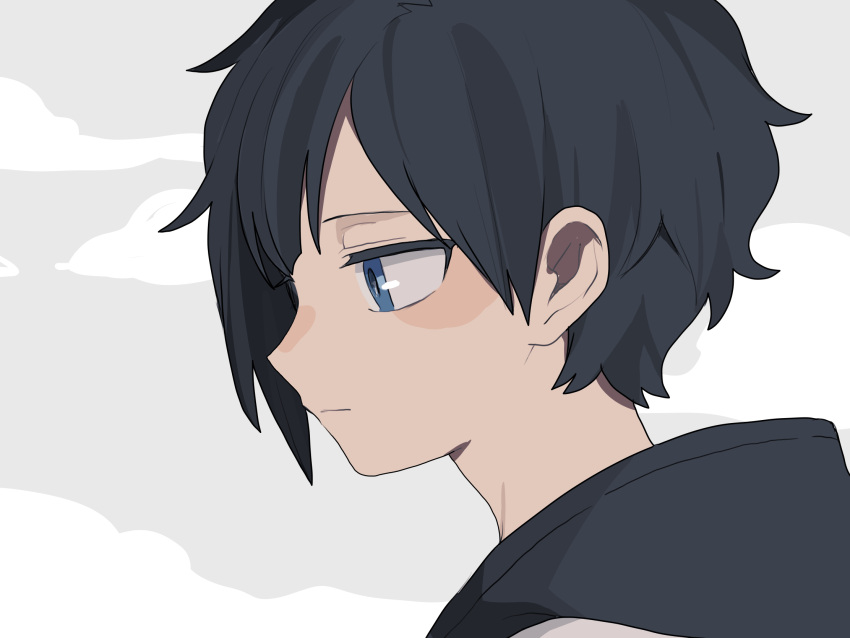 1boy black_hair blue_eyes highres hood hood_down looking_down maco22 male_focus original portrait profile short_hair solo