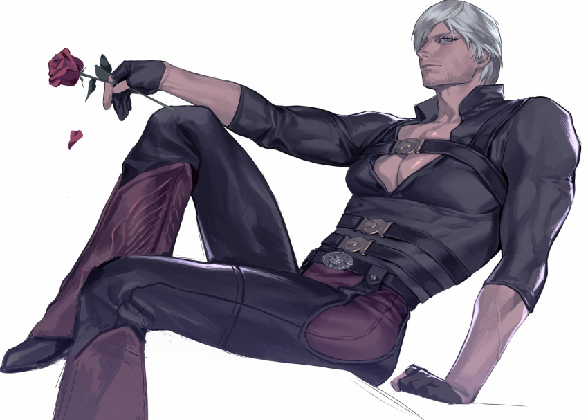 1boy backless_pants black_footwear blue_eyes chaps coat crossed_legs dante_(devil_may_cry) devil_may_cry_(series) devil_may_cry_4 fingerless_gloves flower gloves hair_over_one_eye highres holding holding_flower leather long_eyelashes looking_at_viewer male_focus mature_male muscular muscular_female nonnon9977 pants pectorals red_flower red_rose rose shirt simple_background smile solo toned toned_male trench_coat white_hair