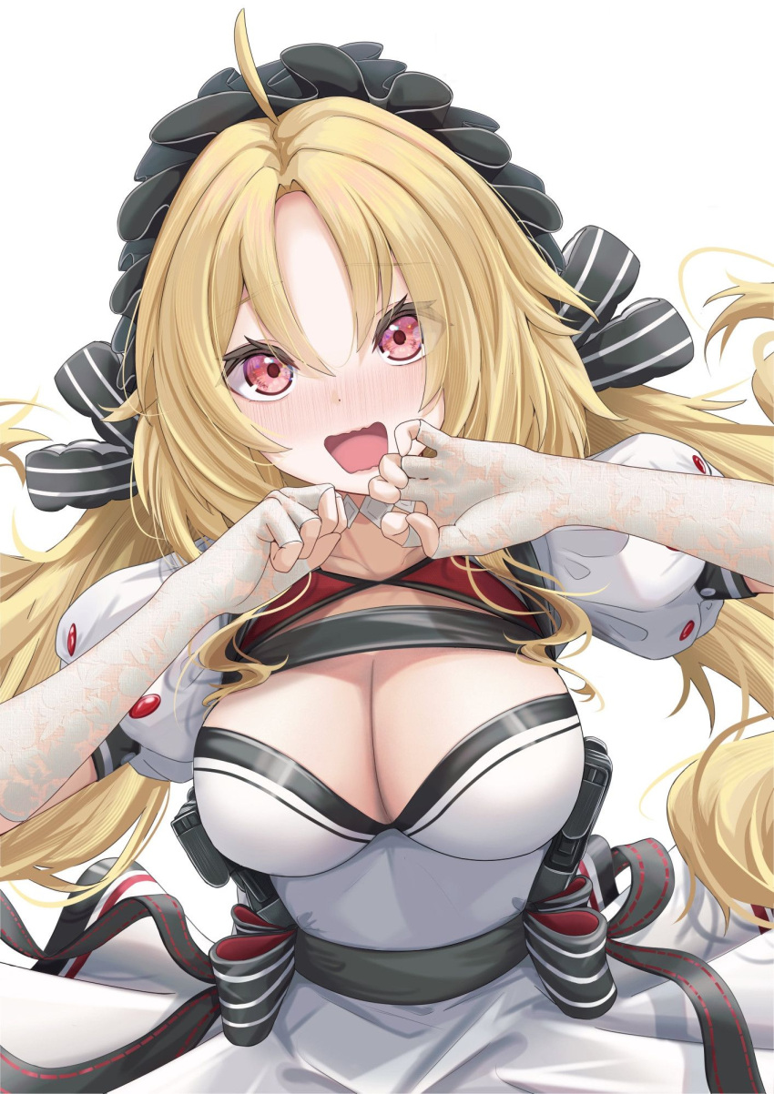 1girl ahoge black_hairband black_ribbon blonde_hair blush breasts cleavage commission dress embarrassed english_commentary eyebrows_hidden_by_hair fingerless_gloves frilled_hairband frills girls'_frontline gloves hair_ribbon hairband highres long_hair looking_at_viewer open_mouth red_eyes ribbon s-acr_(girls'_frontline) simple_background skeb_commission solo straight-on textless_version third-party_source torzzei upper_body wavy_mouth white_background white_dress white_gloves