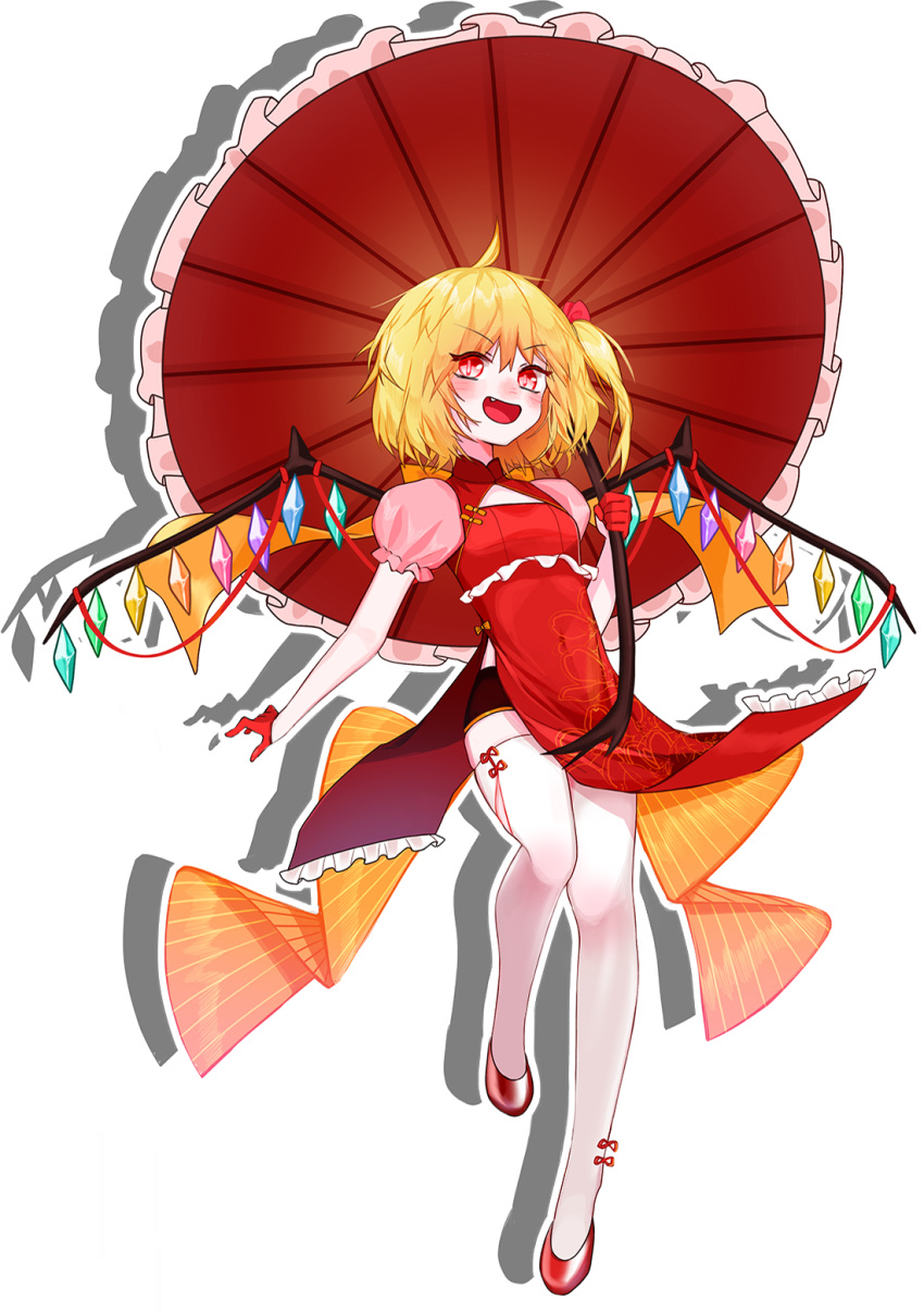 1girl alternate_costume artist_request blonde_hair blush china_dress chinese_clothes crystal dress fang flandre_scarlet gloves highres holding holding_umbrella looking_at_viewer multicolored_wings no_headwear non-web_source official_art one_side_up open_mouth puffy_short_sleeves puffy_sleeves red_eyes red_footwear red_gloves red_umbrella shadow short_sleeves side_ponytail smile solo thighhighs touhou touhou_hero_of_ice_fairy transparent_background umbrella white_thighhighs wings