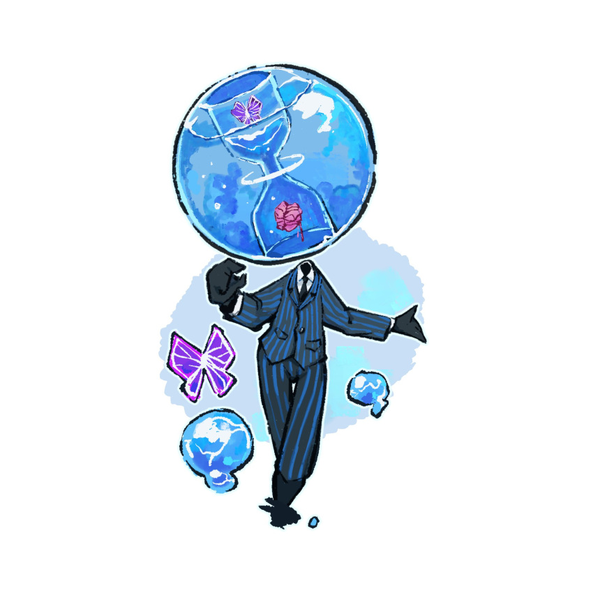 1boy black_gloves blue_butterfly blue_jacket blue_pants brain bubble bug butterfly fishbowl full_body gloves highres hourglass jacket kalliope_orc limbus_company pants pinstripe_jacket pinstripe_pants pinstripe_pattern project_moon rim_(project_moon) solo